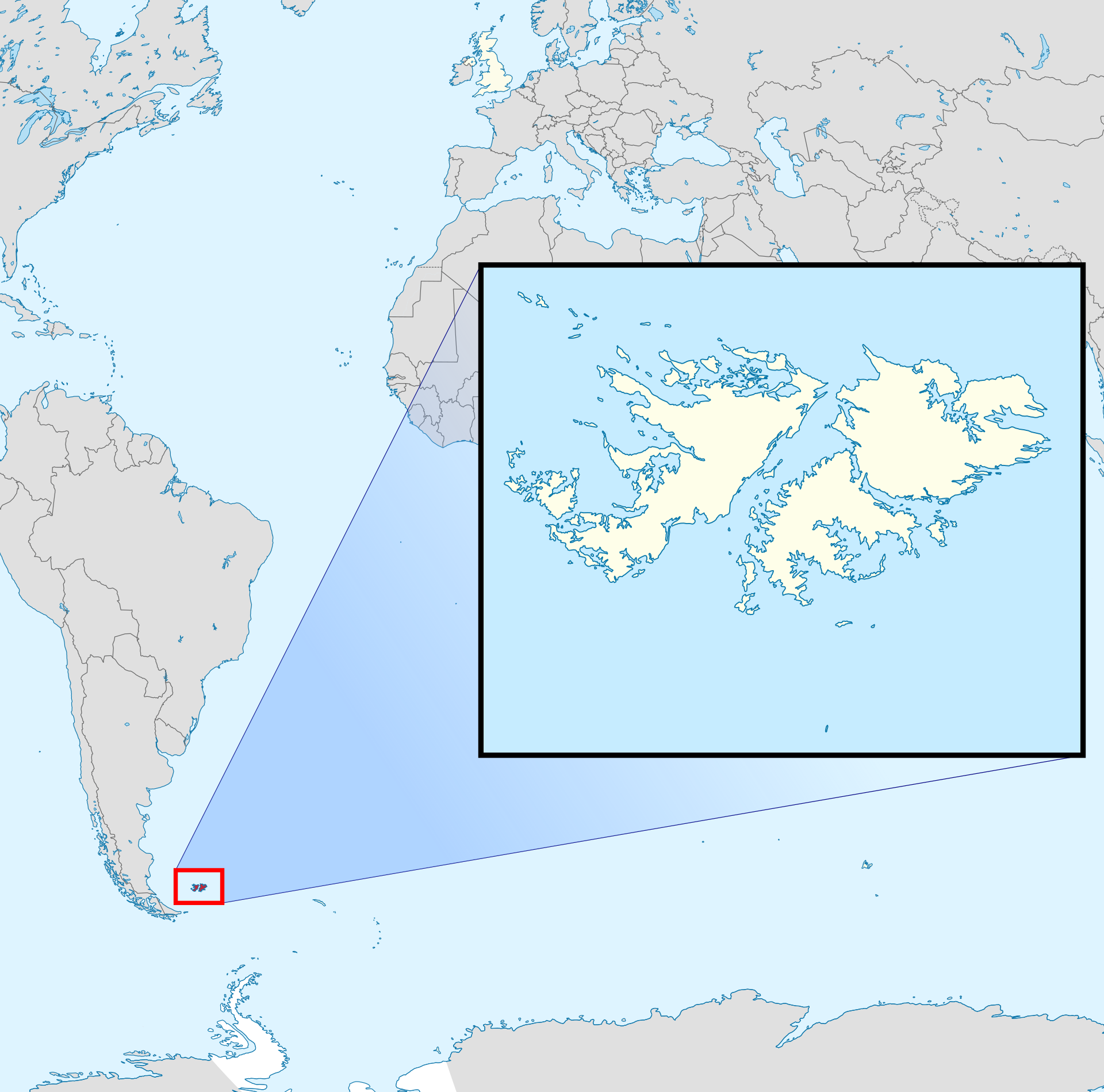 フォークランド諸島・マルビナス諸島の位置を示す地図、アルゼンチンと英国の領有権問題を中立に理解するための画像
