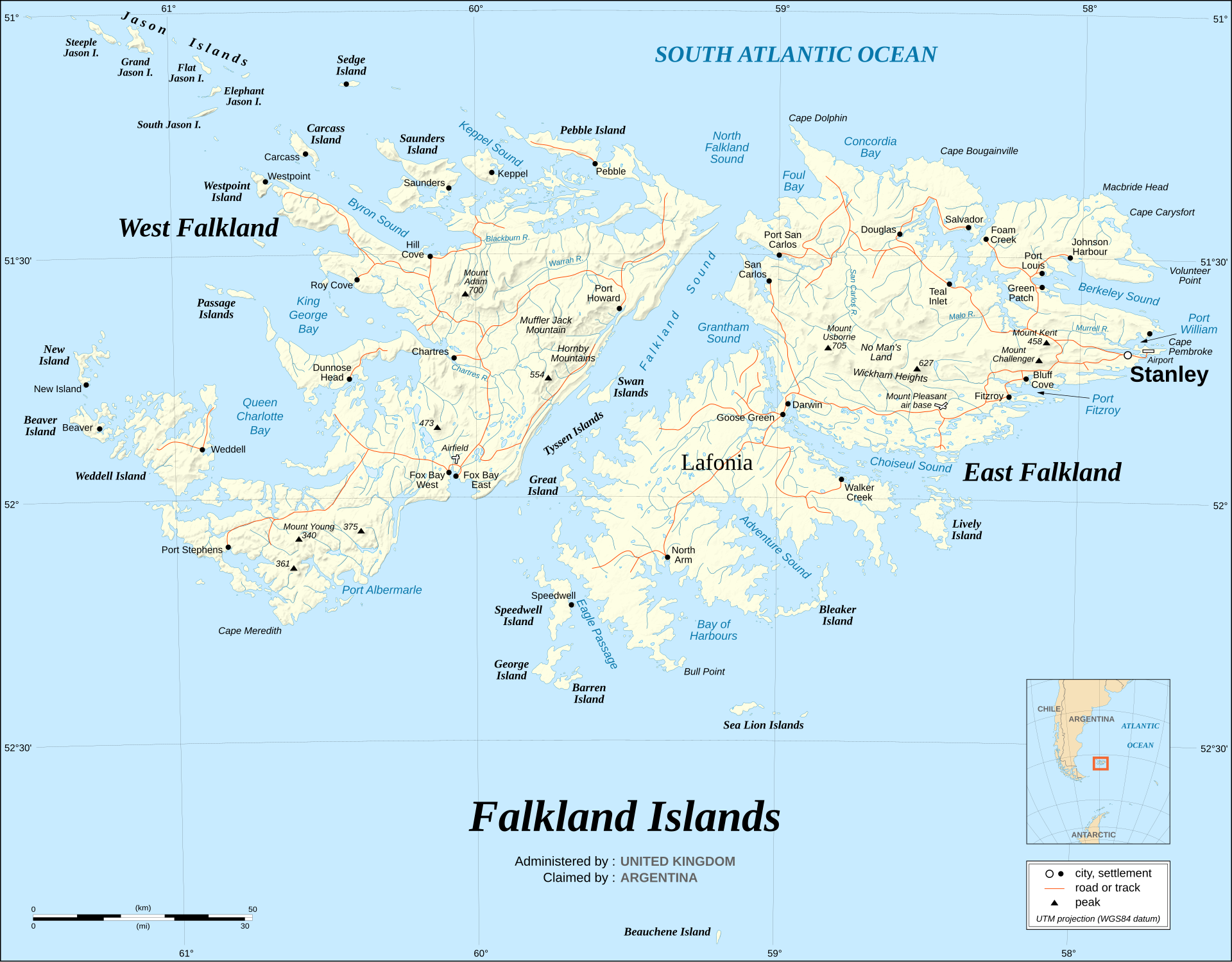 フォークランド諸島・マルビナス諸島の地形図、南大西洋の島々と領有権問題の地理的背景を示す画像
