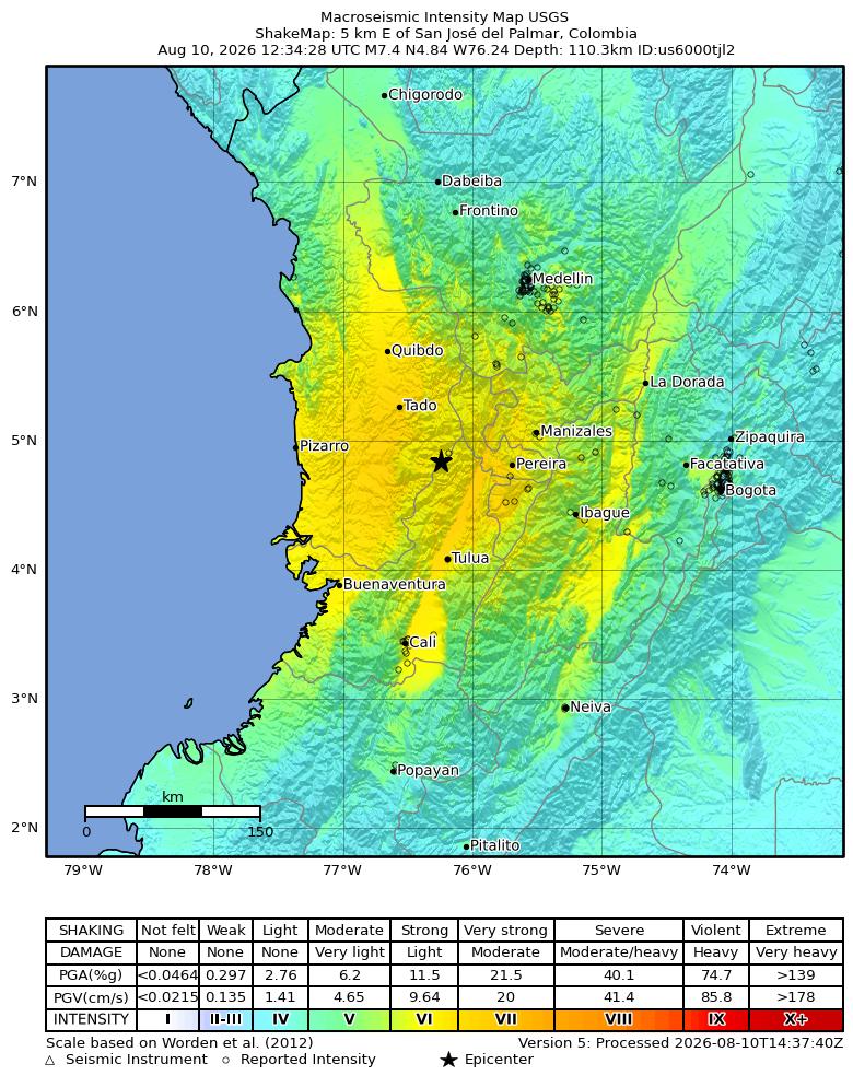 2026年8月10日のコロンビア地震で観測された揺れの強さを示すUSGS ShakeMap