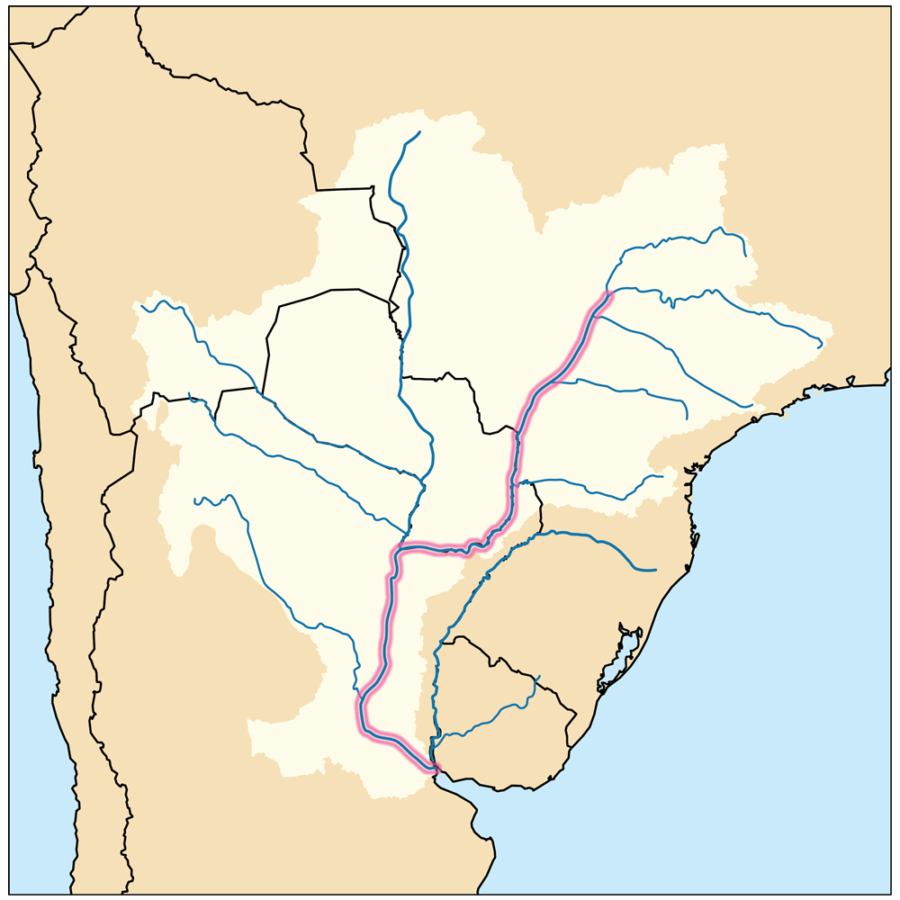 ブラジル・パラグアイ・アルゼンチンを流れるパラナ川流域の地図